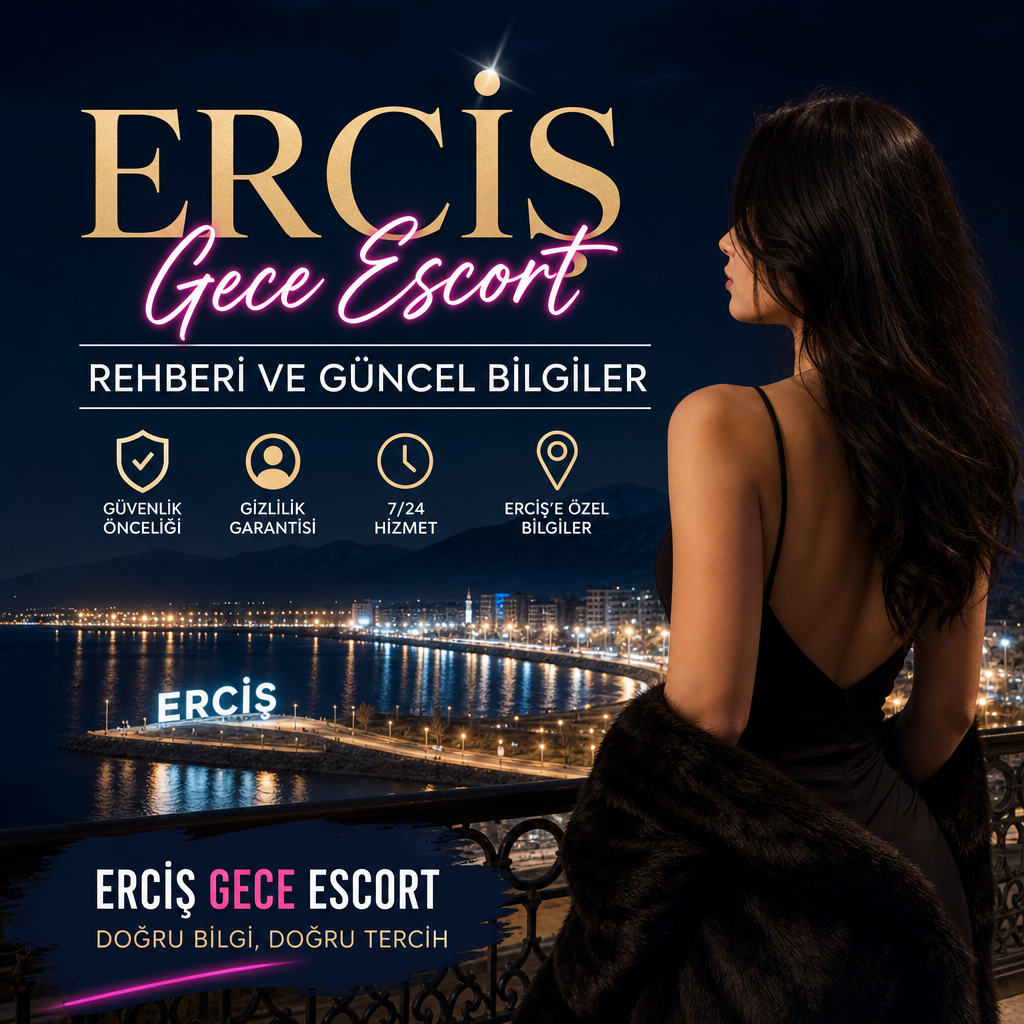 Gece şehir manzarası üzerinde Erciş gece eskort rehberi ve 7/24 gizlilik vurgulu tanıtım görseli